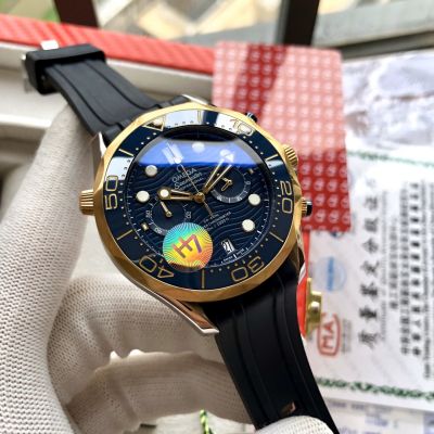 High Quality Copy Omega 2-Tone Dark Blue Bezel Rubber Strap 44mm Quartz Movement